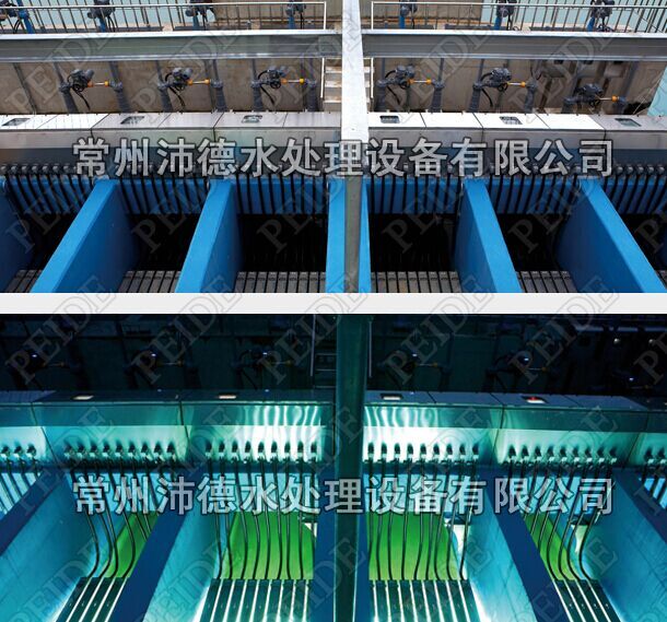 圖為某城市污水廠再生用水明渠式紫外線殺菌器正在運行的現場